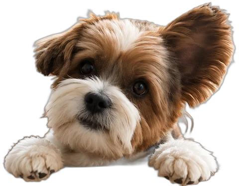 Rocky, der Hund von Emsig Logistik, schaut über den Rand